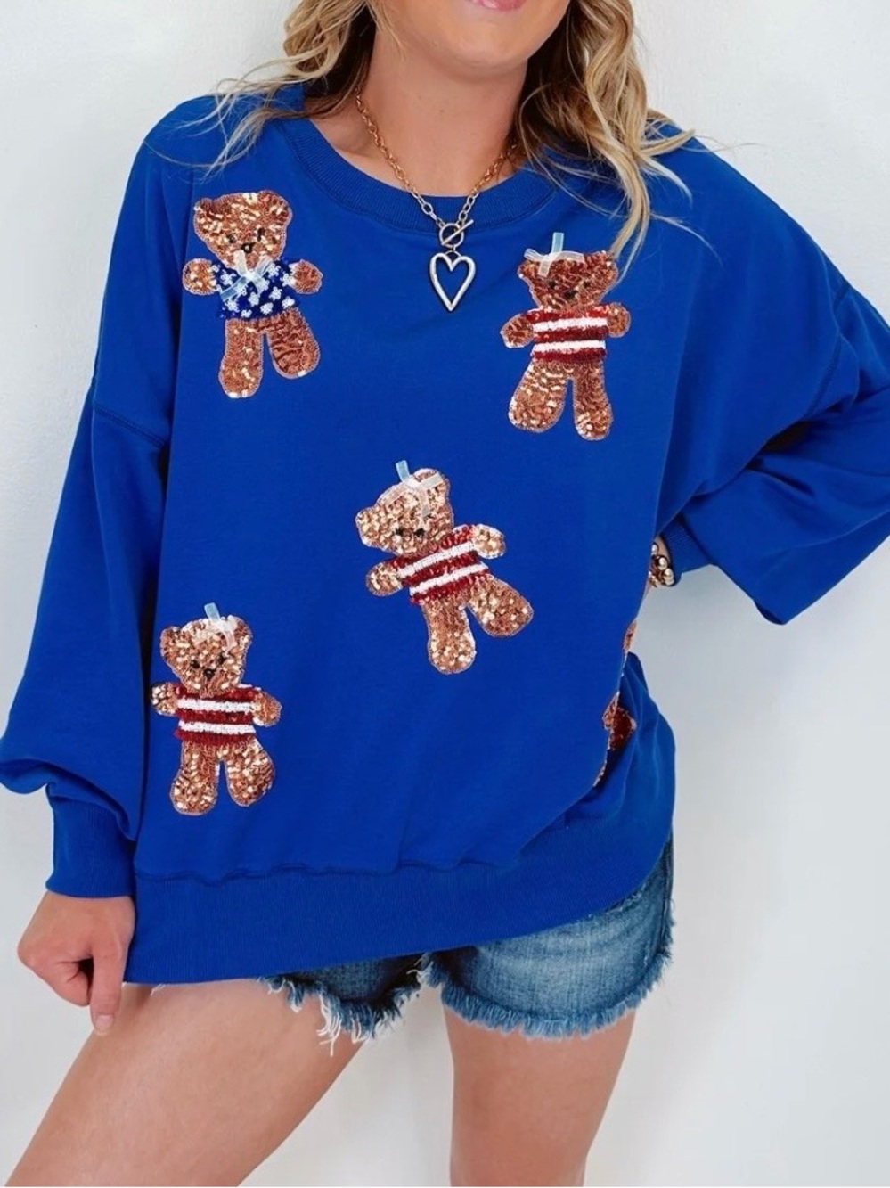 Red, White and Blue Sweatshirt with Sequin Teddy Bear Appliqués large